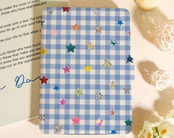 Blue Plaid & Colorful Stars Kindle Case For Kindle Paperwhite 12th 7", Paperwhite 1/2/3/4, Kindle 11th 12th, Unique Kobo Case, Bookish Gift