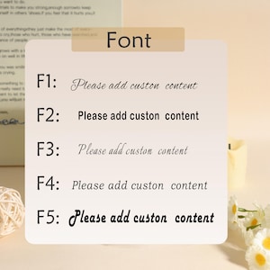 May include: A white card displays font options labeled F1 through F5, each with the text "Please add custom content" in different styles. The word "Font" is at the top. The background is a soft, neutral color.