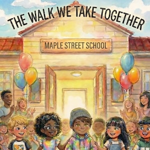 May include: Illustration of a children's book cover titled "The Walk We Take Together" by Law Jones. The image shows diverse children holding hands and walking towards a school building with balloons and cheering adults.