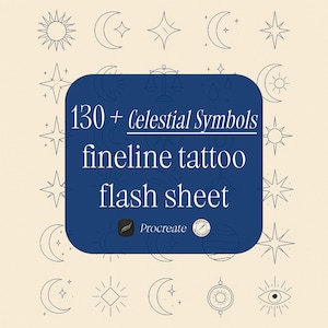 Puede incluir: Una ilustración digital azul y blanca de más de 130 símbolos celestiales para tatuajes de línea fina. La ilustración incluye lunas, estrellas, soles, planetas y otros símbolos celestiales. El texto "130+ Símbolos celestiales tatuaje de línea fina hoja de flash" está en texto blanco sobre fondo azul. El texto "Procreate" está en texto blanco sobre fondo azul.