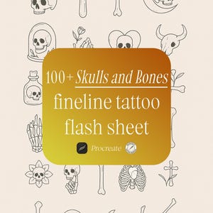 May include: A digital flash sheet featuring over 100 skull and bone designs in a fine line tattoo style. The designs include skulls, bones, flowers, and other related imagery. The sheet is designed for use with the Procreate app.