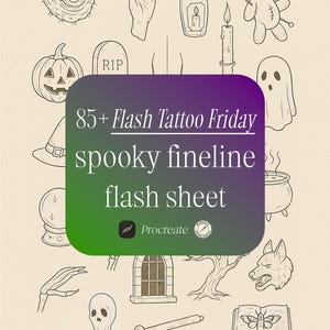 85+ Spooky Flash Tattoo Friday Fineline Flash Sheet | Halloween Skull Ghost Snake Spider | Minimalist Procreate Stencil Download