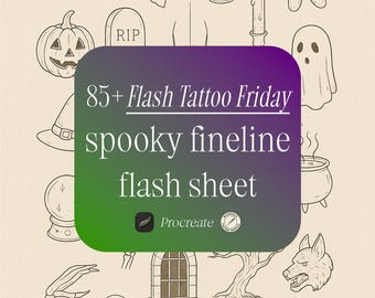Spooky Fineline Tattoo Flash Sheet: Halloween Skulls, Ghosts, Snakes (Digital Download)