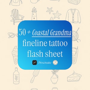 May include: A digital flash sheet featuring over 50 coastal grandma-themed line art tattoo designs. The designs include a lighthouse, a beach chair, a seashell, a knitted cardigan, a cup of coffee, a pie, a vase with flowers, a lamp, a glass of water, a wine bottle, a popsicle, a phone, a pair of glasses, a sun hat, a basket, an apron, a cone of ice cream, a ball of yarn, and two starfish.