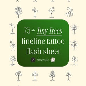 Puede incluir: Una hoja de ilustración digital con más de 75 diseños de árboles pequeños en blanco y negro. La hoja se titula "75+ Tiny Trees fineline tattoo flash sheet" e incluye el logotipo de Procreate.