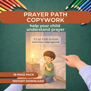 Mapa del Padre Nuestro para niños (imprimible), hoja de trabajo sobre el flujo de la oración, guía visual cristiana de oración para niños.