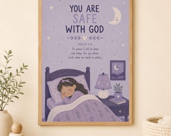 Christian Girl Nursery Wall Art| You Are Safe With God Printable, Psalm 4:8 Bible Verse Print| Bedtime Scripture Art