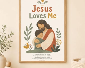 Jesus Loves Me Printable Wall Art for Boys, John 3:16 Christian Nursery Decor, Bible Verse Kids Room Print, Christian Bedroom Art