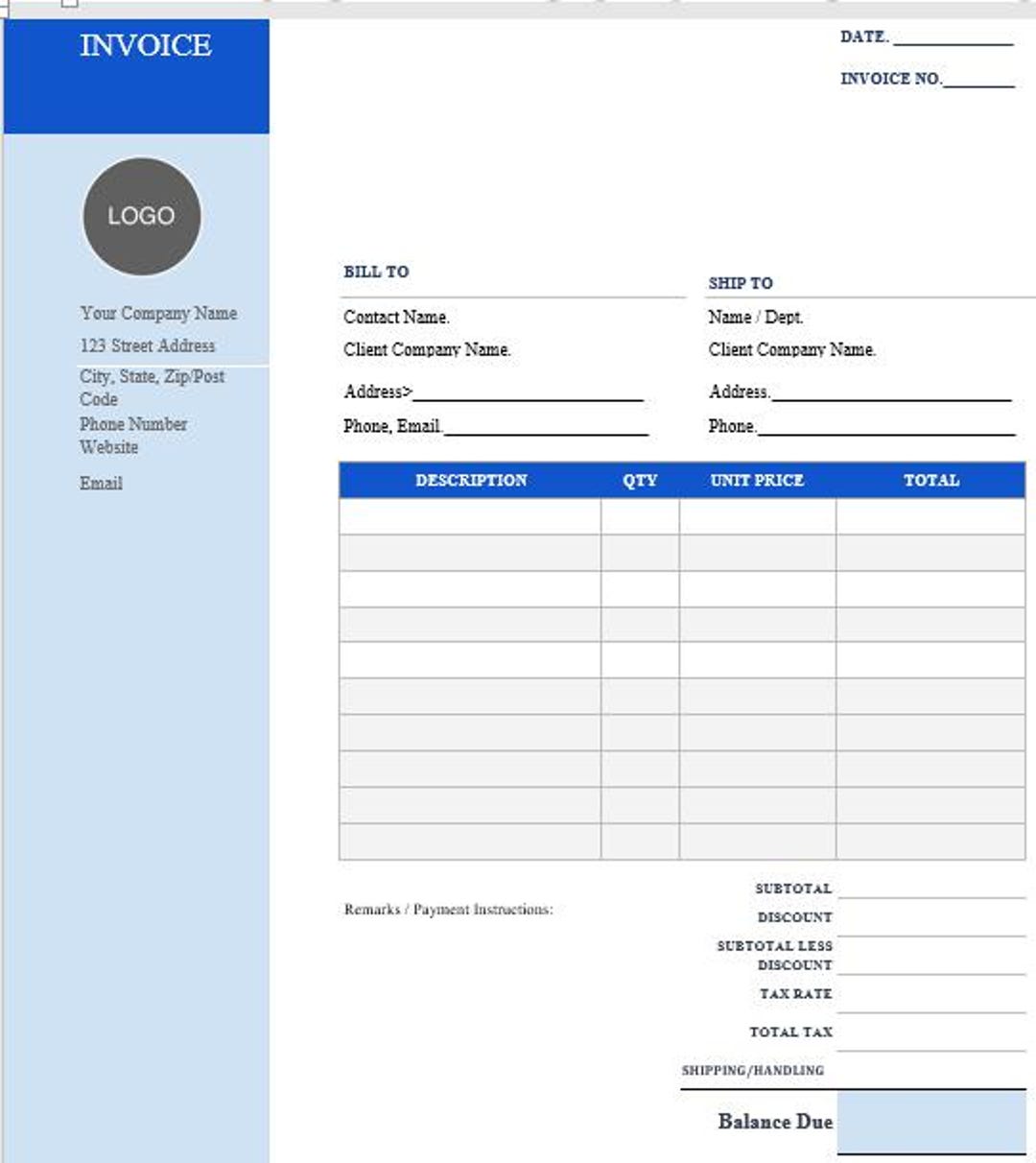 Editable Business Invoice Template: Excel & Word Custom Order Form in ...