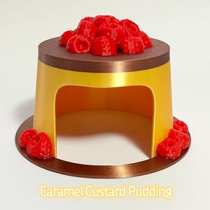 Puede incluir: Un pudín de caramelo con la parte superior e inferior marrón, los lados amarillos y un grupo de frambuesas rojas en la parte superior. El postre tiene el texto "Caramel Custard Pudding" en la parte inferior.