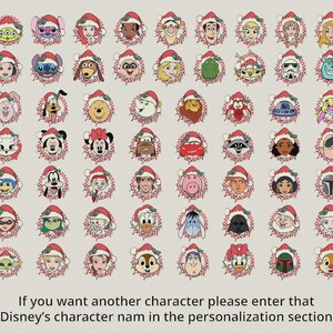 Op de afbeelding: Een verzameling illustraties van Disney-personages met kerstmutsen en kerstverlichting. De personages zijn onder meer Mickey Mouse, Stitch en Buzz Lightyear. De tekst onderaan luidt: "If you want another character please enter that Disney's character nam in the personalization section."