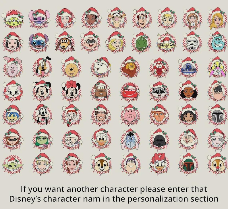 Op de afbeelding: Een verzameling illustraties van Disney-personages met kerstmutsen en kerstverlichting. De personages zijn onder meer Mickey Mouse, Stitch en Buzz Lightyear. De tekst onderaan luidt: "If you want another character please enter that Disney's character nam in the personalization section."