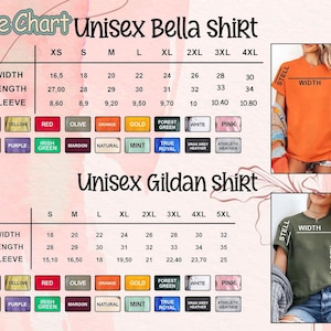 Op de afbeelding: Een maattabel voor Unisex Bella- en Gildan-shirts, met afmetingen voor breedte, lengte en mouwlengte in centimeters. Kleuropties staan onder de maattabel vermeld. Twee vrouwen dragen de shirts.