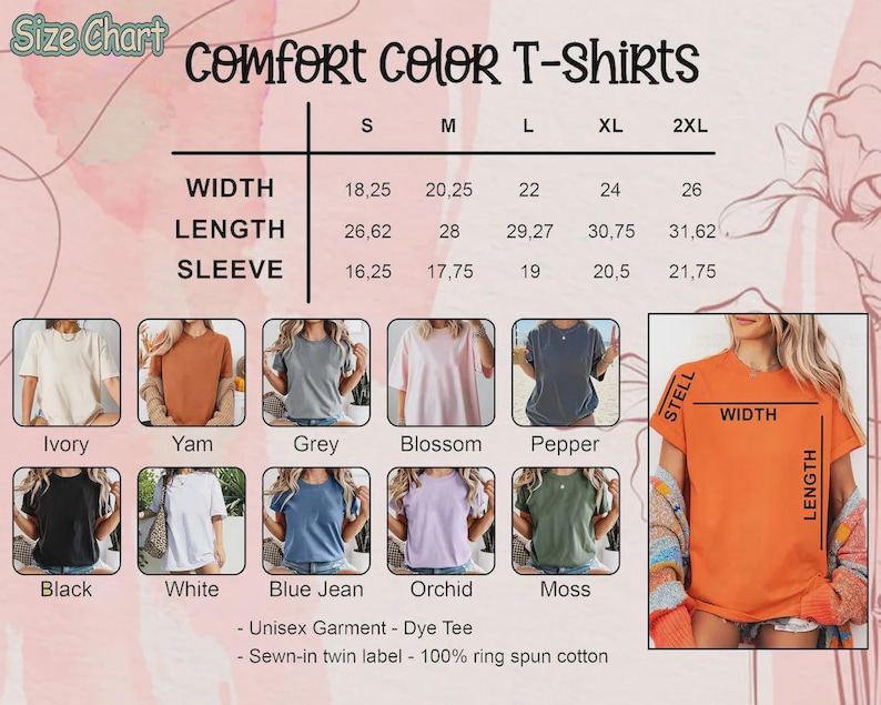 Op de afbeelding: Maattabel voor Comfort Color T-shirts, met afmetingen voor breedte, lengte en mouwlengte in centimeters. Maten vari&euml;ren van S tot 2XL. Kleuropties zijn Ivory, Yam, Grey, Blossom, Pepper, Black, White, Blue Jean, Orchid en Moss.