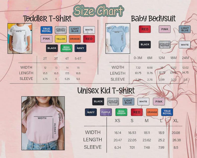 Op de afbeelding: Maattabel voor peuter-T-shirts, babybodysuits en unisex kind-T-shirts. Bevat afmetingen voor breedte, lengte en mouwlengte in inches. Kleuropties worden vermeld voor elk kledingtype. De achtergrond is bloemen.
