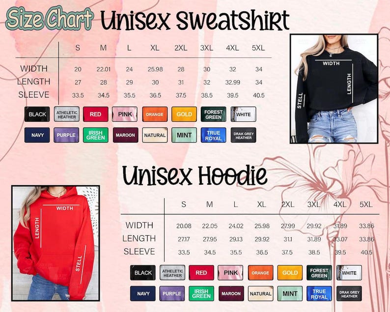 Puede incluir: Tabla de tallas para sudaderas y sudaderas con capucha unisex. Incluye medidas de ancho, largo y largo de manga en cm. Los colores disponibles incluyen negro, rojo, rosa, naranja, dorado y m&aacute;s. La tabla est&aacute; dise&ntilde;ada para ayudar a los clientes.