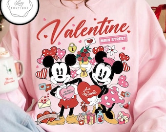 Vintage Mickey Minnie Love Hearts Disney Valentine on Main Street Shirt, Happy Valentine's Day 2026 Disney Couple Matching T-shirts
