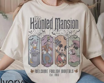 Retro Halloween Mickey & Friends Stretching Room Shirt, Disney Haunted Mansion Shirt, Foolish Mortals Welcome,Disneyland Halloween Party Tee