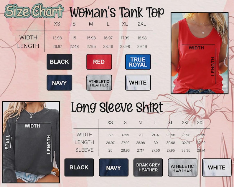 Op de afbeelding: Maattabel voor damestops en shirts met lange mouwen. De maattabel voor de tanktop bevat afmetingen voor breedte en lengte in centimeters. Beschikbare kleuren zijn zwart, rood, marineblauw, athletic heather, true royal en wit.