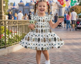 Epic Star Wars Balloon Ruffle Dress for Toddlers, Yoda Darth Vader R2D2 BB8 Outfit, Disney Birthday Girl Galaxy Summer Vacation Skirt Gear