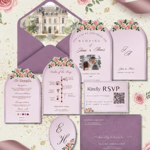 Lavender Floral Wedding Invitation Suite Template, Romantic Photo Invite (Canva)