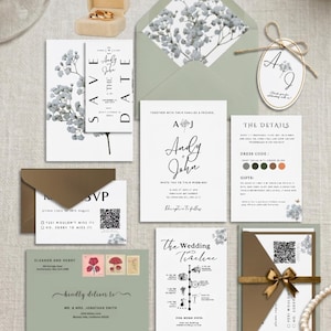 Conjunto de invitaciones de boda modernas con diseño de aliento de bebé, plantilla de Canva con guion editorial, código QR minimalista para RSVP y elegante conjunto de invitaciones con monograma.