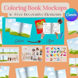 Może przedstawiać: Zbiór makiet książek do kolorowania z darmowymi elementami dekoracyjnymi. Makiety pokazują obraz przed i po książce do kolorowania z ilustracją lwa i żółwia. Elementy dekoracyjne obejmują pędzle, farby i inne materiały artystyczne.