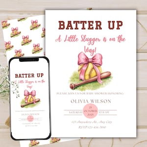 Op de afbeelding: Babyborrel uitnodiging met een honkbalthema. De tekst luidt "Batter Up! A Little Slugger is on the Way!" Een honkbal, knuppel en roze strik zijn afgebeeld. Inclusief evenementdetails.