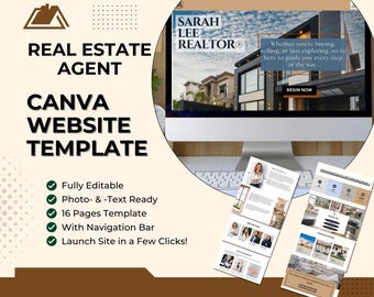 May include: A Canva website template for real estate agents. The design features a computer monitor displaying a website with the text "Sarah Lee Realtor". Additional text includes "Real Estate Agent", "Canva Website Template", and bullet points highlighting features.