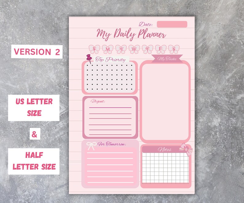 Pink Girly Daily Planner Printable, Kawaii Bows, Coquette Planner ...