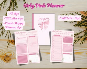Pink Girly Planner Printable, Kawaii Daily Planner Printable, Digital Planner Bows, Cute Bow Digital Planner, Coquette Daily Planner