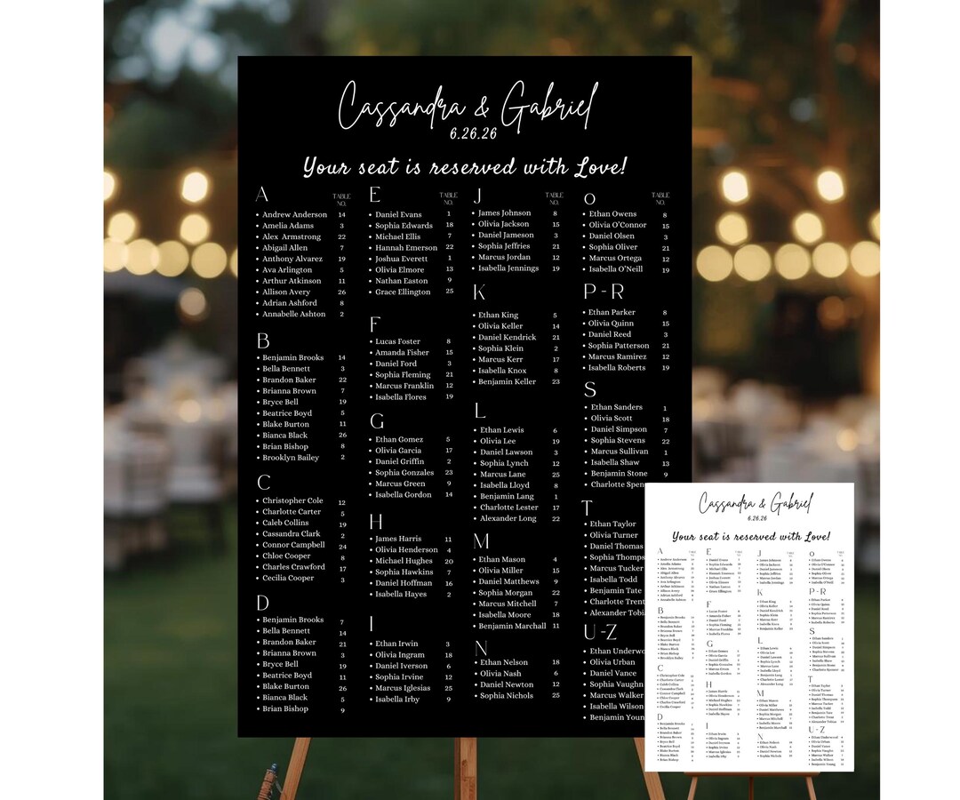 Alphabetical Seating Chart Template | Minimalist Black & White Wedding ...