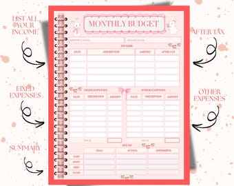 Pink Monthly Budget Planner: Income, Expenses, Savings Tracker (PDF Printable Sheet