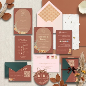 Invitación de boda en terracota y salvia, invitación de boda bohemia con código QR para confirmar asistencia, papelería editable de estilo desértico de Canva.