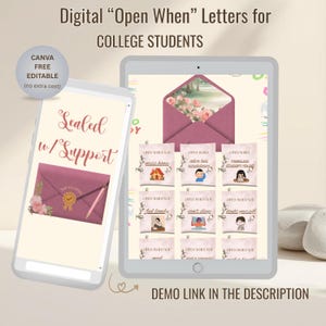 Könnte beinhalten: Digitale "Open When" Briefe für Studenten, angezeigt auf einem Tablet und Telefon. Das Tablet zeigt einen geöffneten Umschlag mit Blumen und Karten mit Aufforderungen wie "Heimweh" und "sich einsam fühlen". Das Telefon zeigt einen versiegelten Umschlag.
