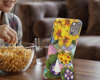 Impugnatura per telefono a scatto con effetto vetro colorato e primula di febbraio / Supporto per telefono con impugnatura floreale del mese di nascita