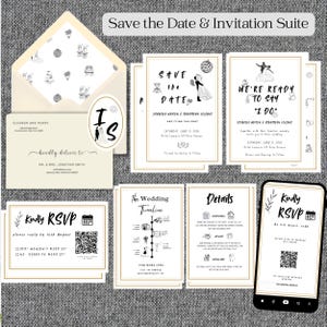 Hand Drawn Line Art Wedding Suite Template, Modern Wedding Invitation Set with Timeline & QR Code RSVP, Disco Ball Save the Date, Editable