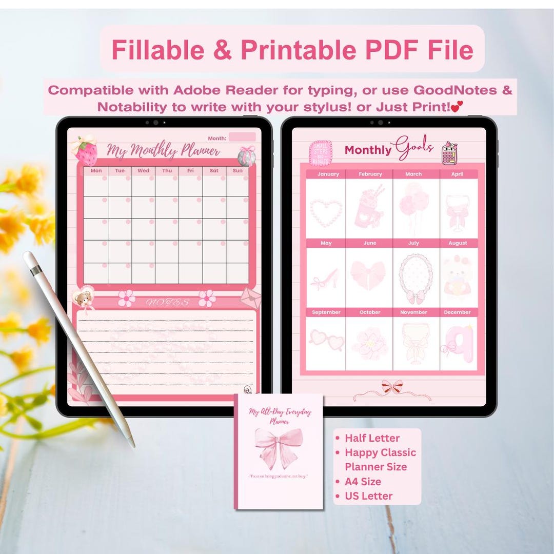 Pink Girly Planner Printable Kawaii Monthly Planner & Monthly Goals ...