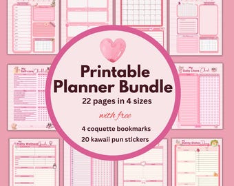Kawaii Coquette Planner Bundle, Pink Aesthetic Bow Printable Pages, Girly Digital Planner Set, Daily Weekly To-Do List, Notes, Stickers PDF
