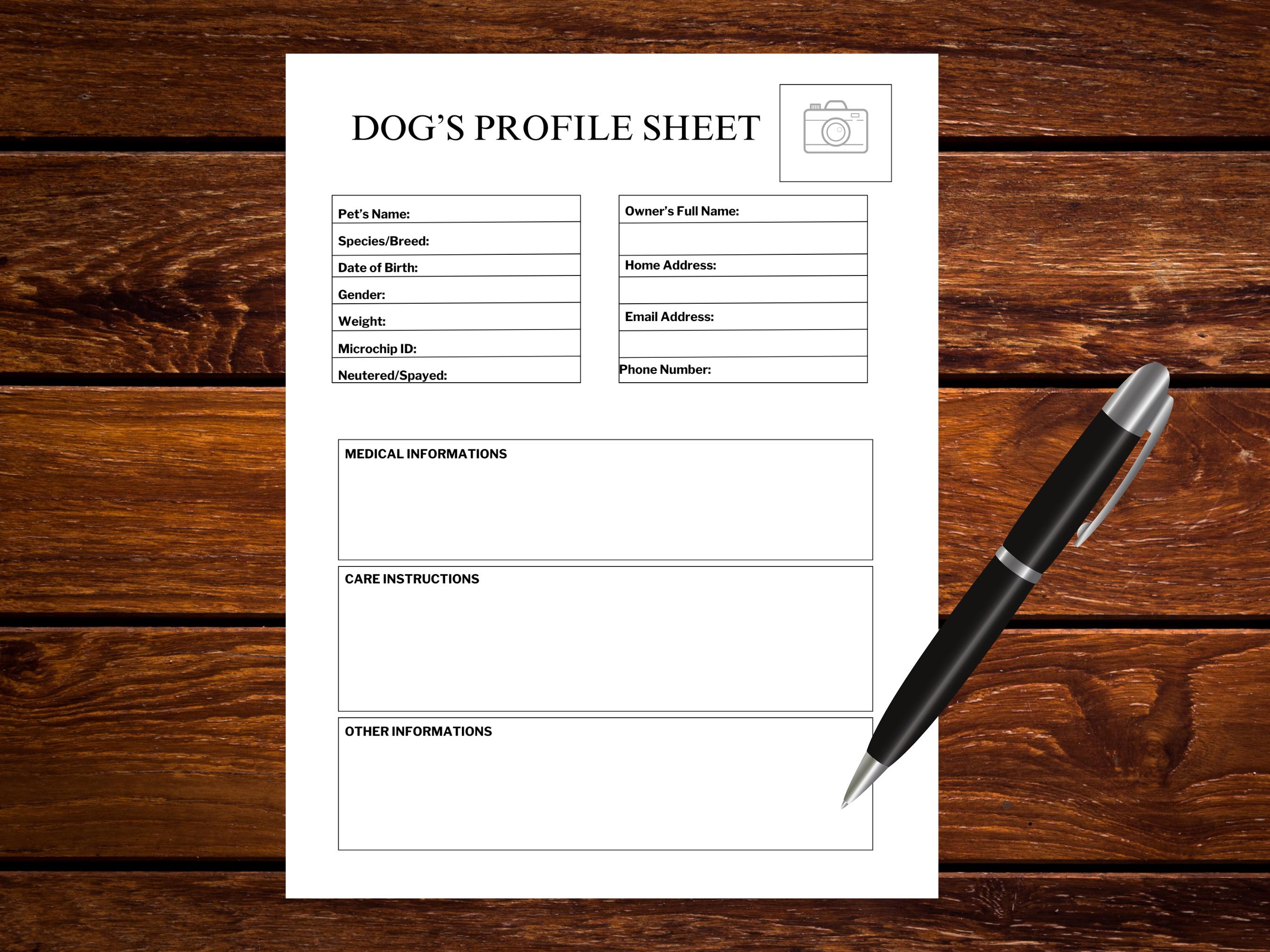 Printable Dog Profile Sheet: Pet Health Record (US Letter, Happy Planner) (Digital Download)