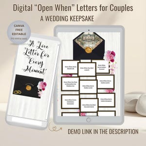 以下が含まれることがあります： カップルのためのデジタル「Open When」レター、結婚式の記念品。画像は、デジタルレターを表示するスマートフォンとタブレットを示しています。レターは、金色のワックスシールと花のアクセントが付いた黒い封筒に入っています。