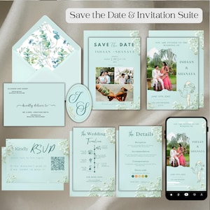 Light Turquoise  Wedding Invitation Suite Template, Editable Photo Save the Date, Details Card Bundle, Modern Botanical Canva Wedding Set