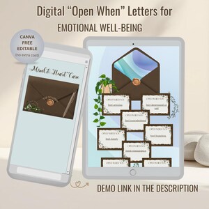 May include: Digital "Open When" Letters for Emotional Well-Being, displayed on a tablet and phone. The tablet shows an open envelope with cards for various feelings. The phone displays a similar design. Text includes "CANVA FREE EDITABLE" and "Mind & Heart Care".