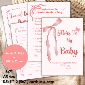 Può includere: Un set di biglietti ricordo per baby shower rosa e bianchi. I biglietti presentano spunti per scrivere lettere a un bambino, con elementi decorativi come nastri e cuori. Il testo include "Letters To My Baby" e "Inspirations for Special Words to Baby."