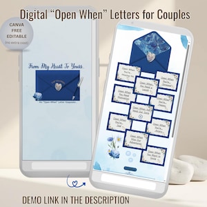 Könnte beinhalten: Digitale "Open When"-Briefe für Paare, die auf zwei Smartphones angezeigt werden. Die Bildschirme zeigen ein blaues Umschlagdesign mit Eingabeaufforderungen wie "Open When You're Missing Me" und "Open When You're Happy". Der Text "From My Heart To Yours" ist ebenfalls sichtbar.