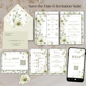 Sage Green Toile Wedding Invitation Suite Template, Botanical Floral Invite Set with QR Code RSVP, Garden Wedding Save the Date and Details