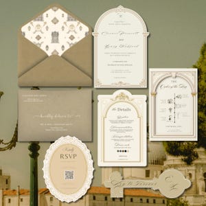 Puede incluir: Una colección de elegante papelería de boda en tonos beige y crema. Incluye invitaciones, tarjetas RSVP y tarjetas de detalles con bordes ornamentados y elementos decorativos. La invitación presenta los nombres "Eleanor Prescott y Henry Ashford".