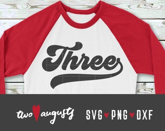 Trzy Baseball, Softball, 3, 3., Urodziny, Liczba SVG, DXF, PNG, Plik, Cricut, Sylwetka, lata, kursywa, swash, swoosh, piłka, rekwizyt