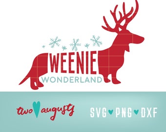 Op de afbeelding: Rode teckel-silhouet met rendiergewei en sneeuwvlokken erop. De teckel staat op zijn achterpoten en heeft de tekst "Weenie Wonderland" op zijn lichaam.