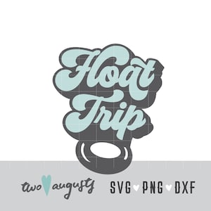 Puede incluir: Un diseño gráfico azul y gris con el texto "Float Trip" en una fuente retro. Un flotador gris se encuentra debajo del texto.